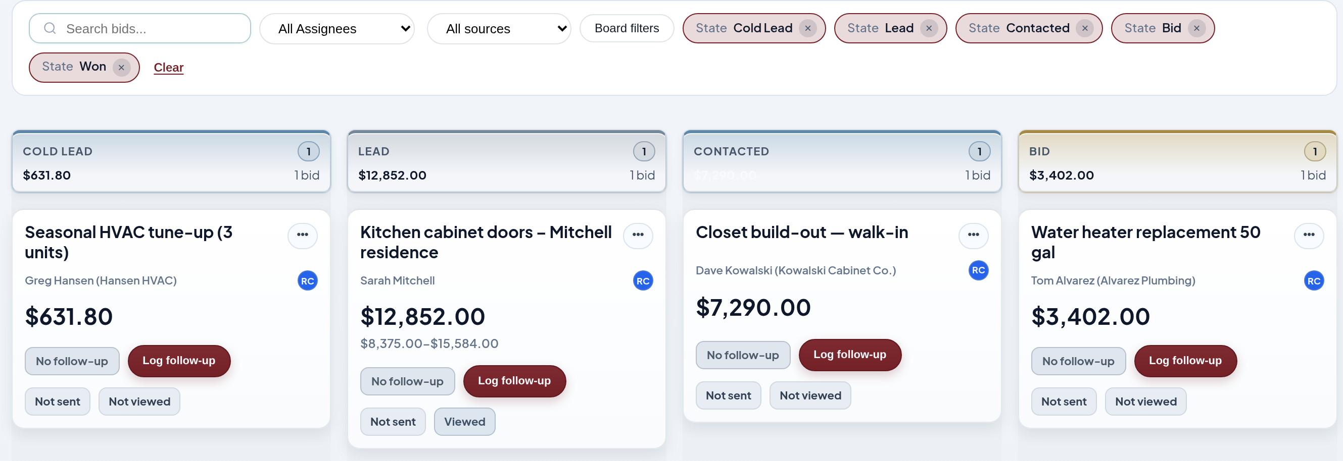 Pipeline board with bid stages